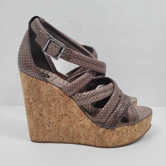 Tory Burch Taupe Python Womens Cork Wedge Embossed Leather Sandals US Size 10.5M - Picture 1 of 9